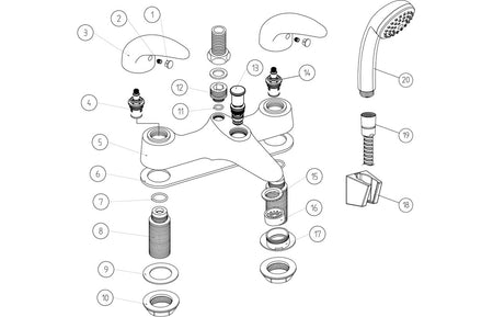 Low-pressure bath/shower mixer exploded parts diagram in chrome