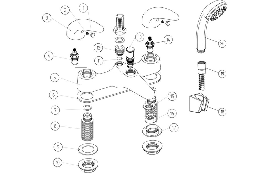 Low-pressure bath/shower mixer exploded parts diagram in chrome