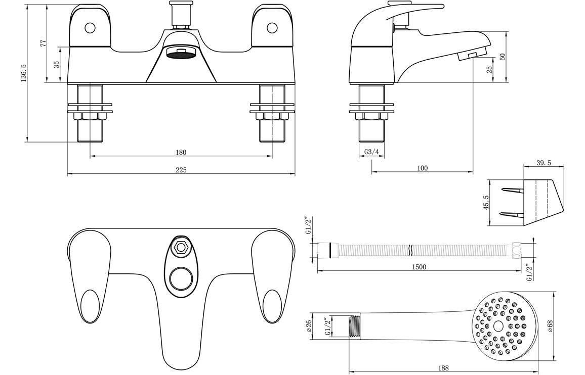 Low-pressure bath/shower mixer technical drawing with dimensions