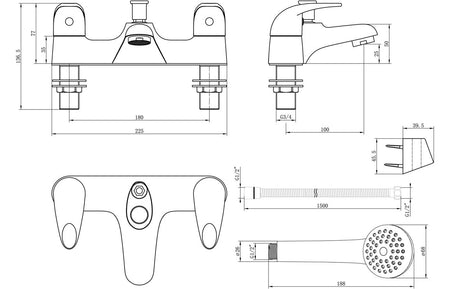 Low-pressure bath/shower mixer technical drawing with dimensions