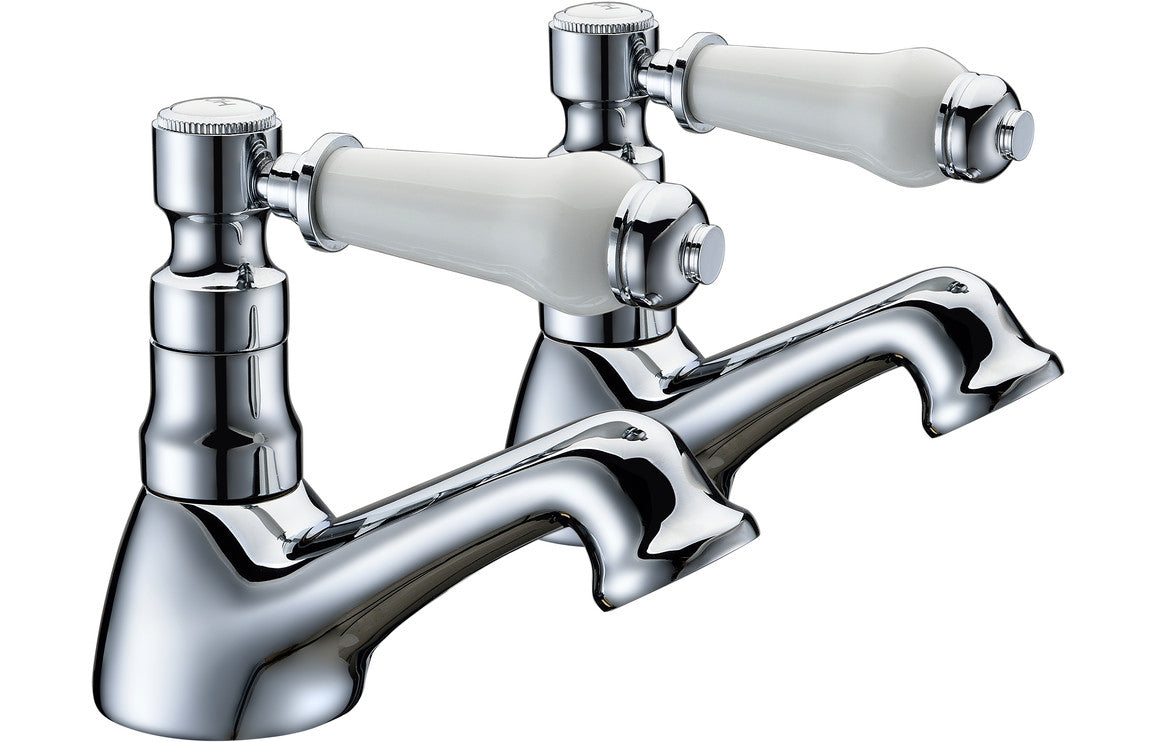 Chrome bath pillar taps with cross handles and spout, polished metal finish