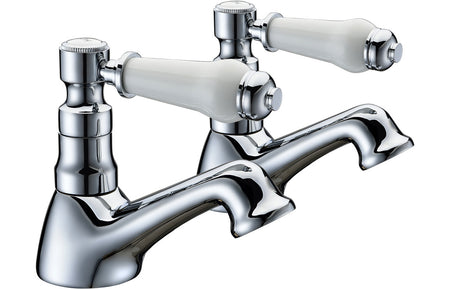 Chrome bath pillar taps with cross handles and spout, polished metal finish