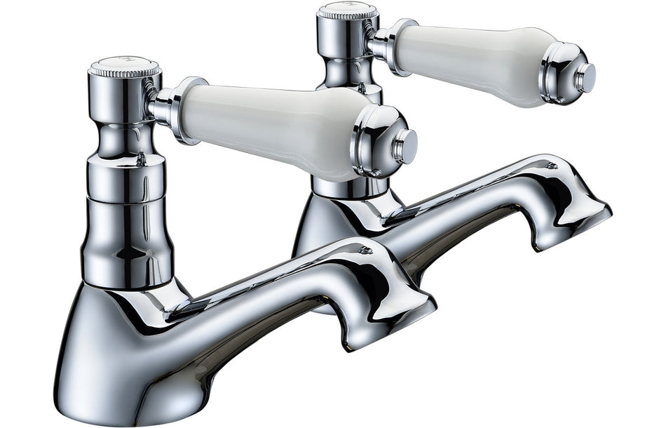 Chrome bath pillar taps with cross handles and spout, polished metal finish