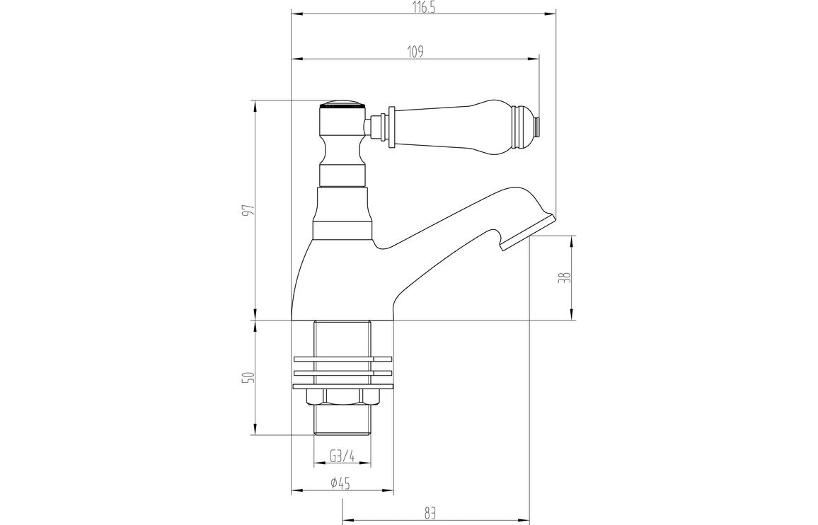 Chrome bath pillar tap technical side view with measurements and fittings