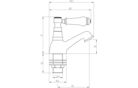 Chrome bath pillar tap technical side view with measurements and fittings