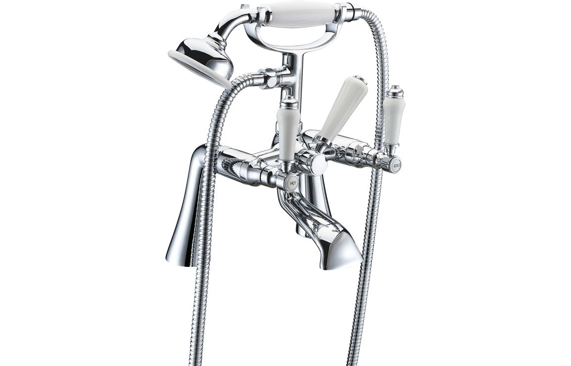 Chrome bath and shower mixer with hand shower and flexible hose