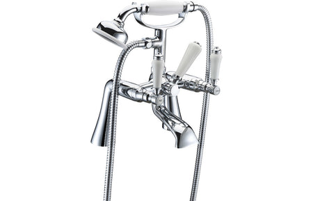 Chrome bath and shower mixer with hand shower and flexible hose
