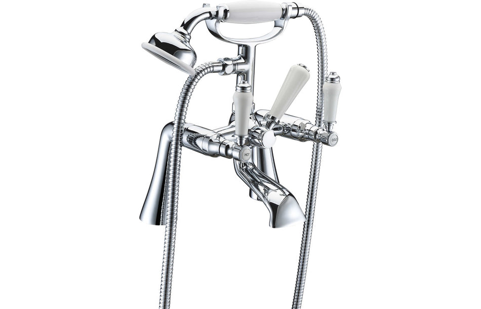 Chrome bath and shower mixer with hand shower and flexible hose