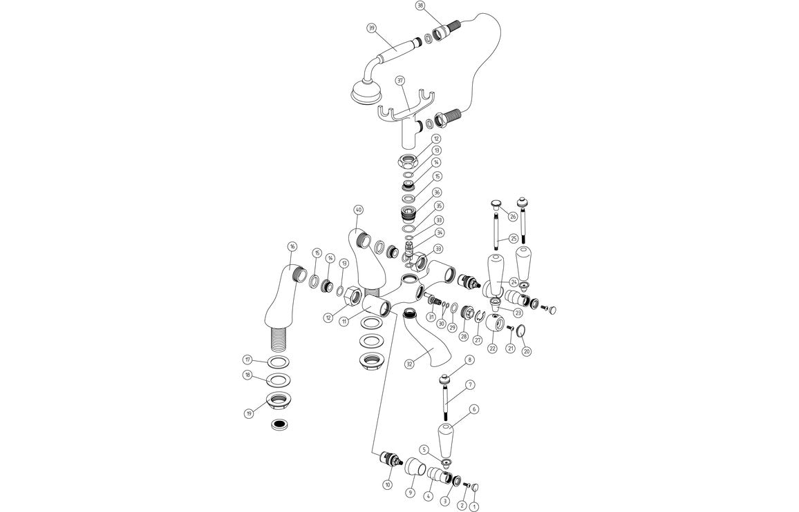Chrome bath and shower mixer exploded parts diagram, valves and hoses