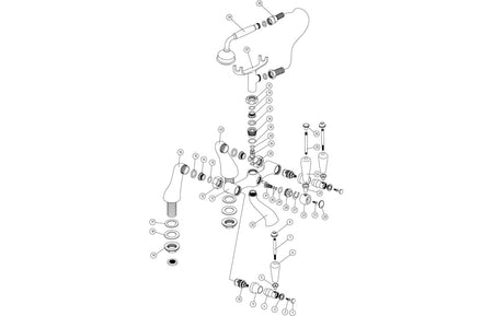 Chrome bath and shower mixer exploded parts diagram, valves and hoses