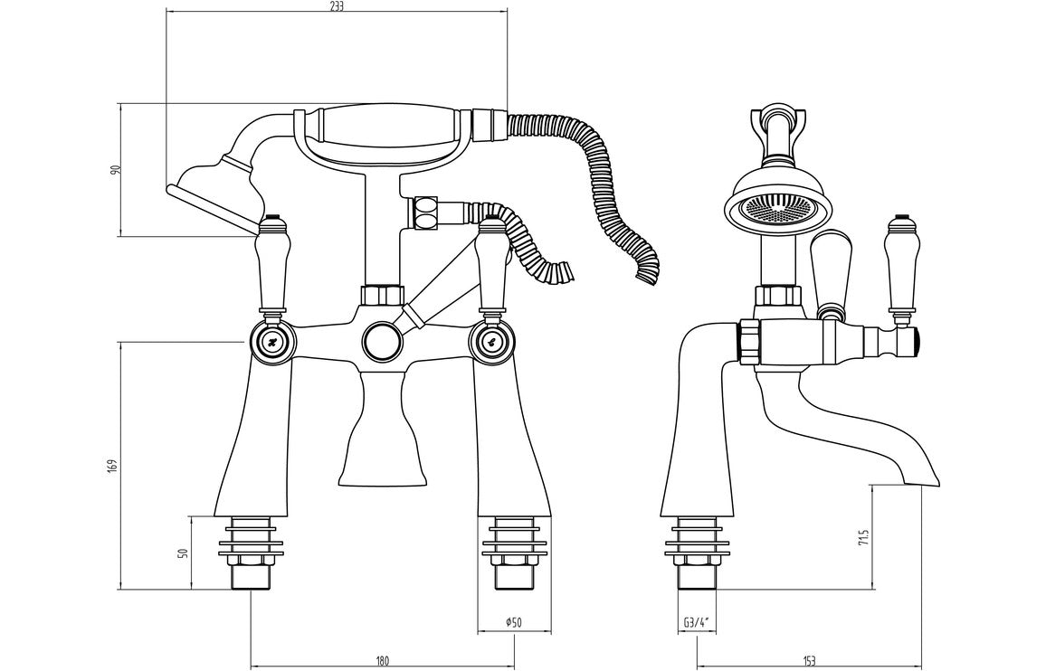 Chrome bath and shower mixer technical line drawing with dimensions