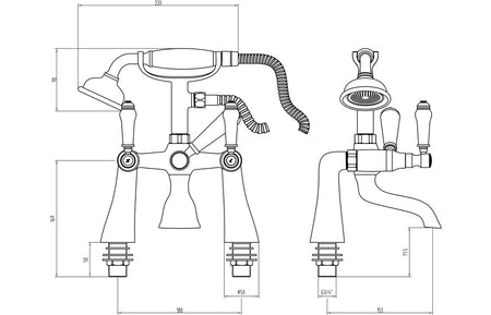 Chrome bath and shower mixer technical line drawing with dimensions