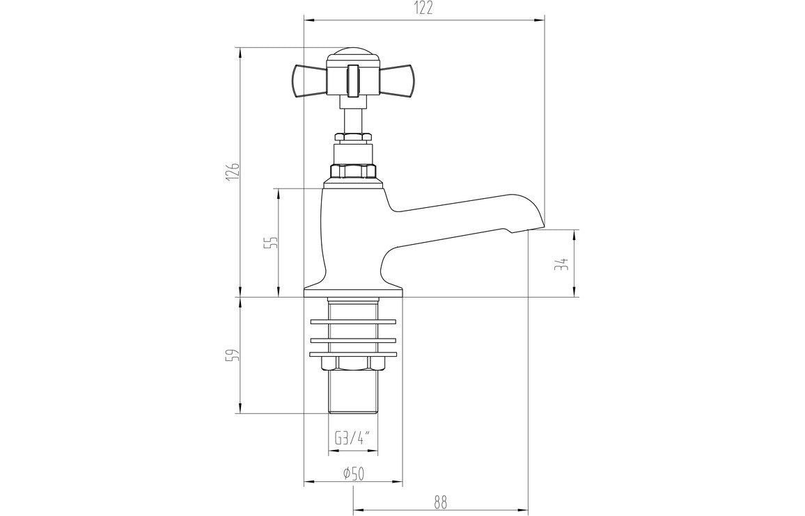Chrome bath tap technical drawing with dimensions and G3/4 connection