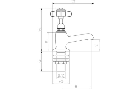 Chrome bath tap technical drawing with dimensions and G3/4 connection