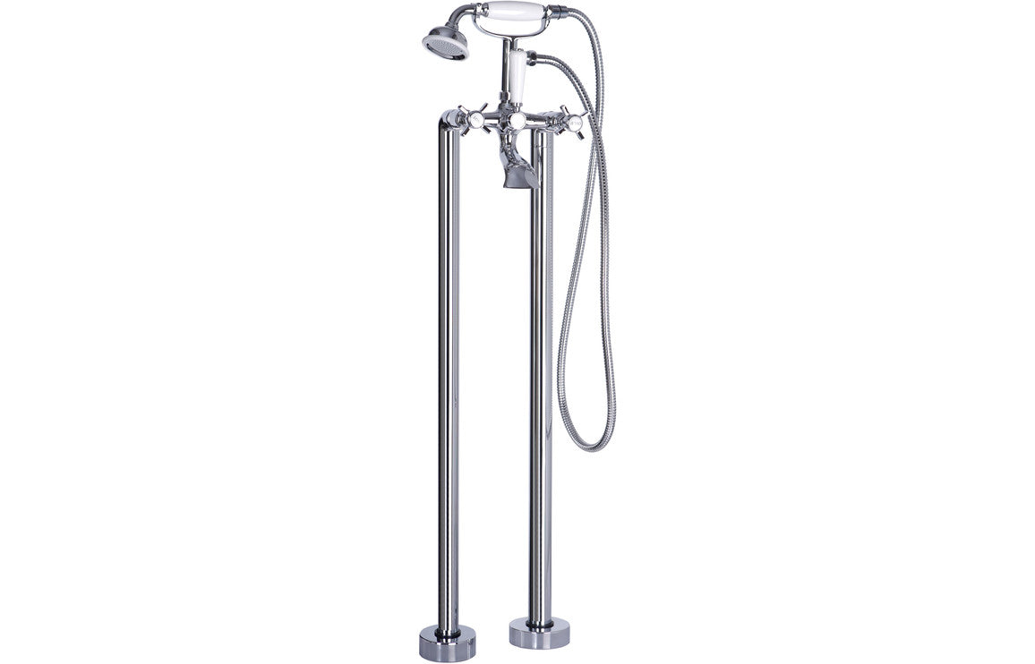Chrome floor-standing bath shower mixer with handheld shower and dual risers
