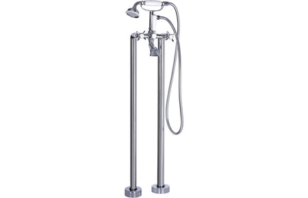 Chrome floor-standing bath shower mixer with handheld shower and dual risers
