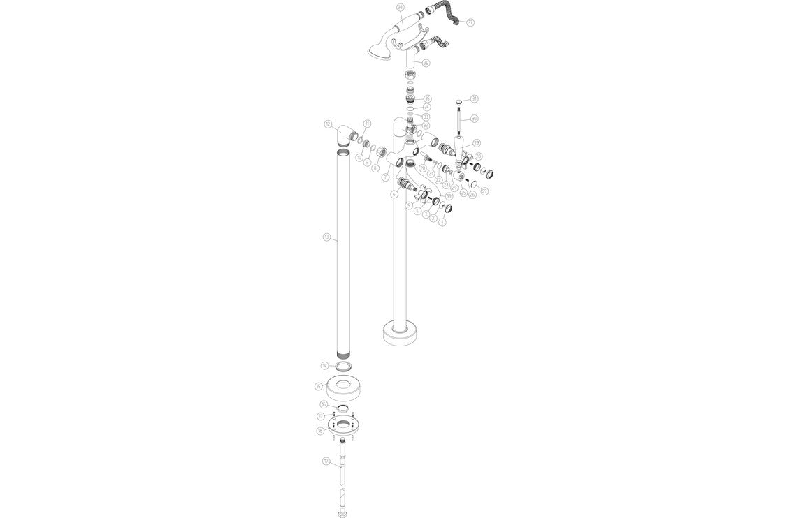 Chrome floor-standing bath shower mixer parts diagram with handheld shower