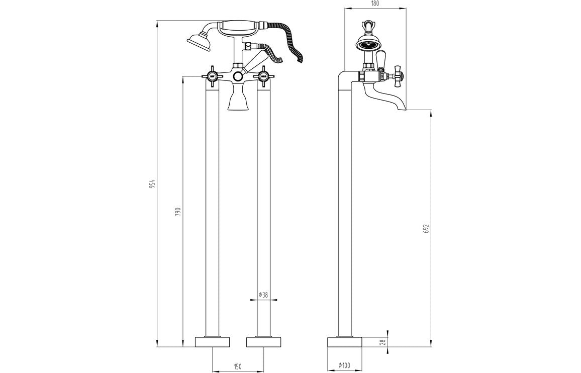 Chrome floor-standing bath shower mixer technical dimensions diagram