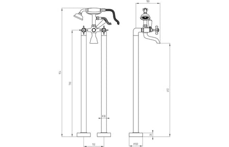 Chrome floor-standing bath shower mixer technical dimensions diagram