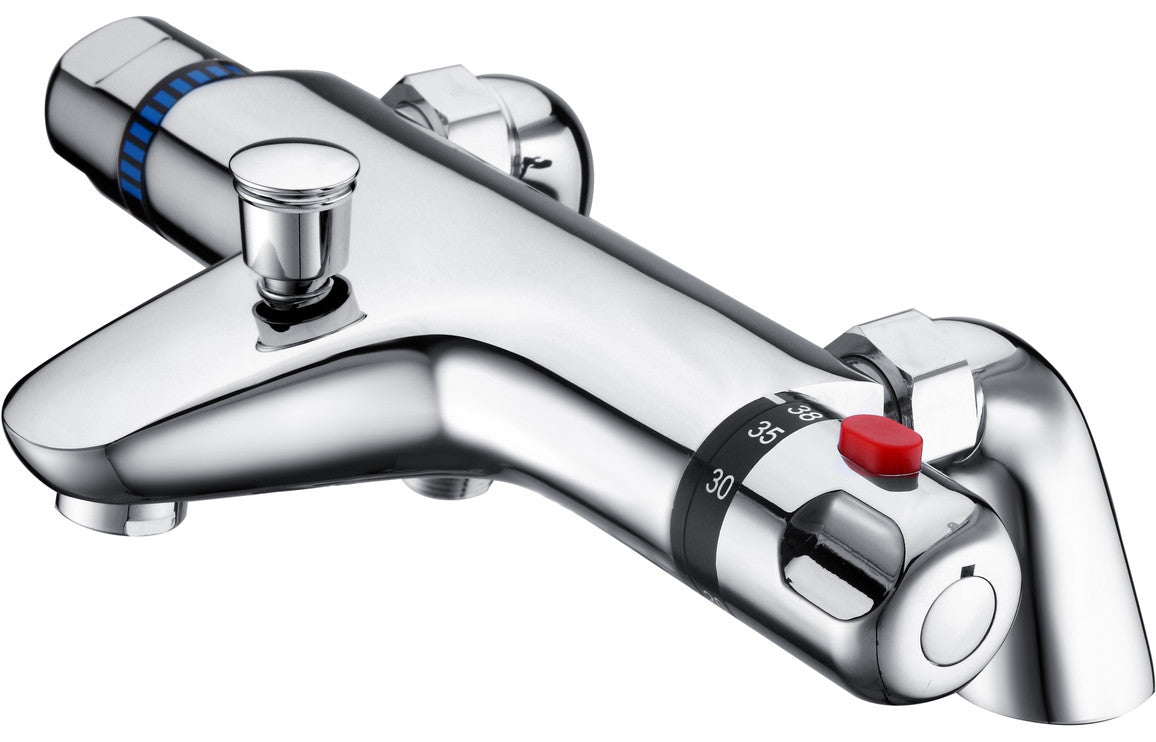 Chrome thermostatic bath/shower mixer valve with red temperature control knob