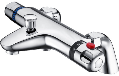 Chrome thermostatic bath/shower mixer valve with red temperature control knob