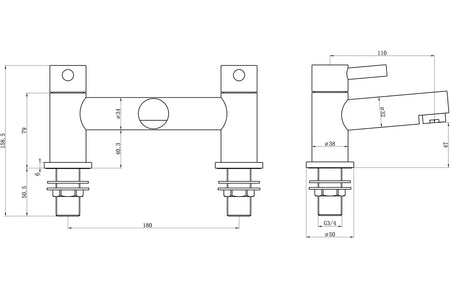 Chrome bath filler technical line drawing with dimensions