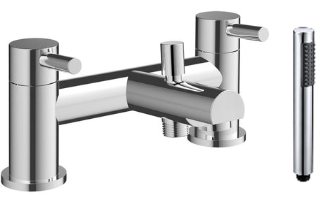 Chrome bath and shower mixer with bracket, handheld shower, and hose connections