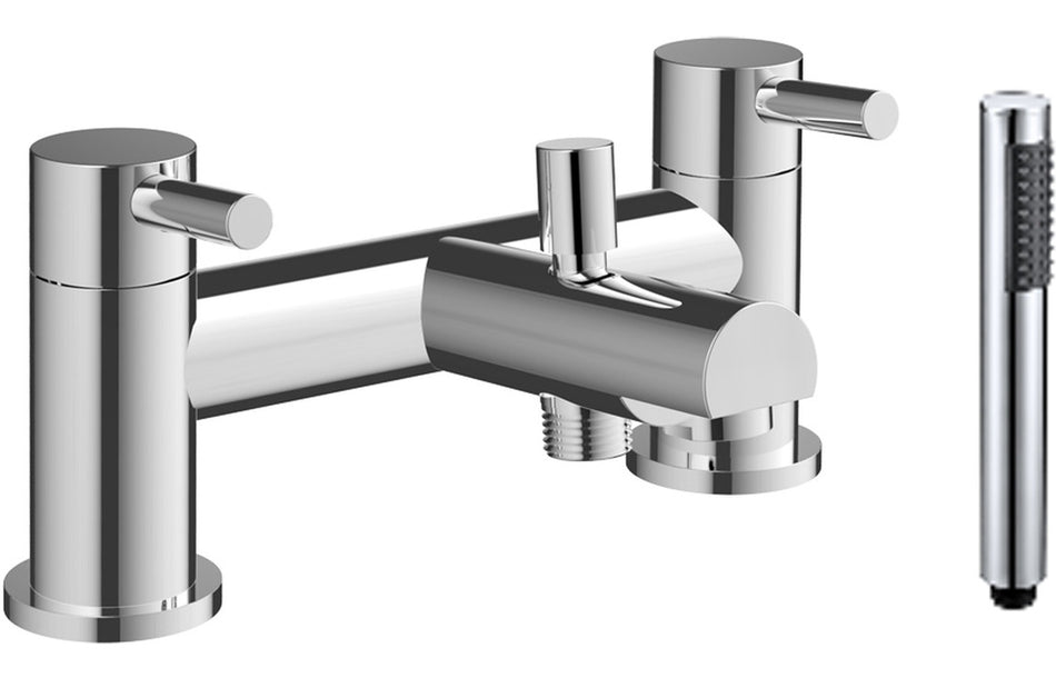 Chrome bath and shower mixer with bracket, handheld shower, and hose connections