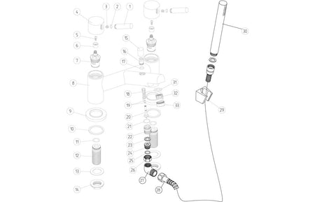 Bath and shower mixer parts diagram showing bracket, mixer, and shower hose