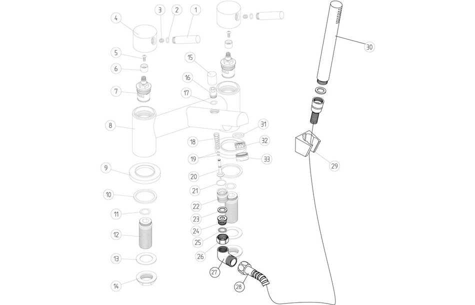 Bath and shower mixer parts diagram showing bracket, mixer, and shower hose