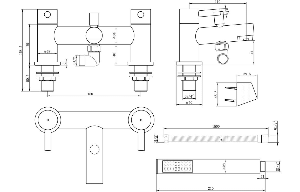 Technical drawing of chrome bath and shower mixer with bracket and shower outlet