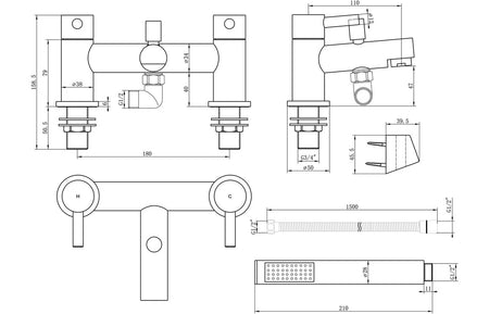 Technical drawing of chrome bath and shower mixer with bracket and shower outlet