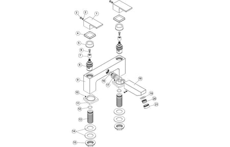 Chrome bath filler tap exploded parts diagram with cartridges and fittings