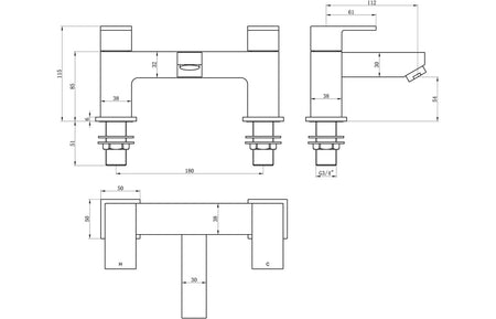 Chrome bath filler tap technical drawing with dimensions and mounting holes