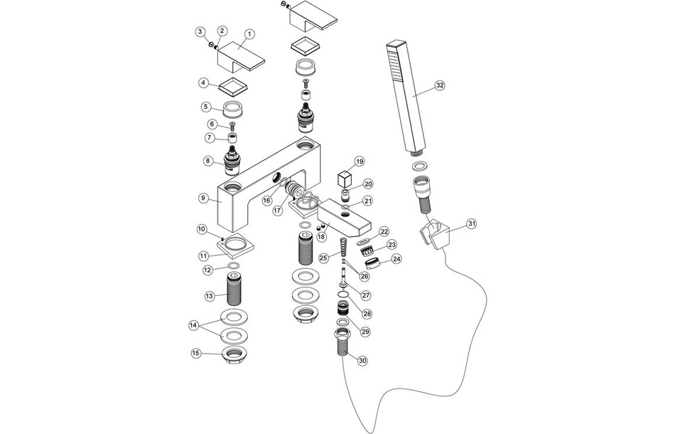 Chrome bath and shower mixer tap exploded parts diagram with bracket