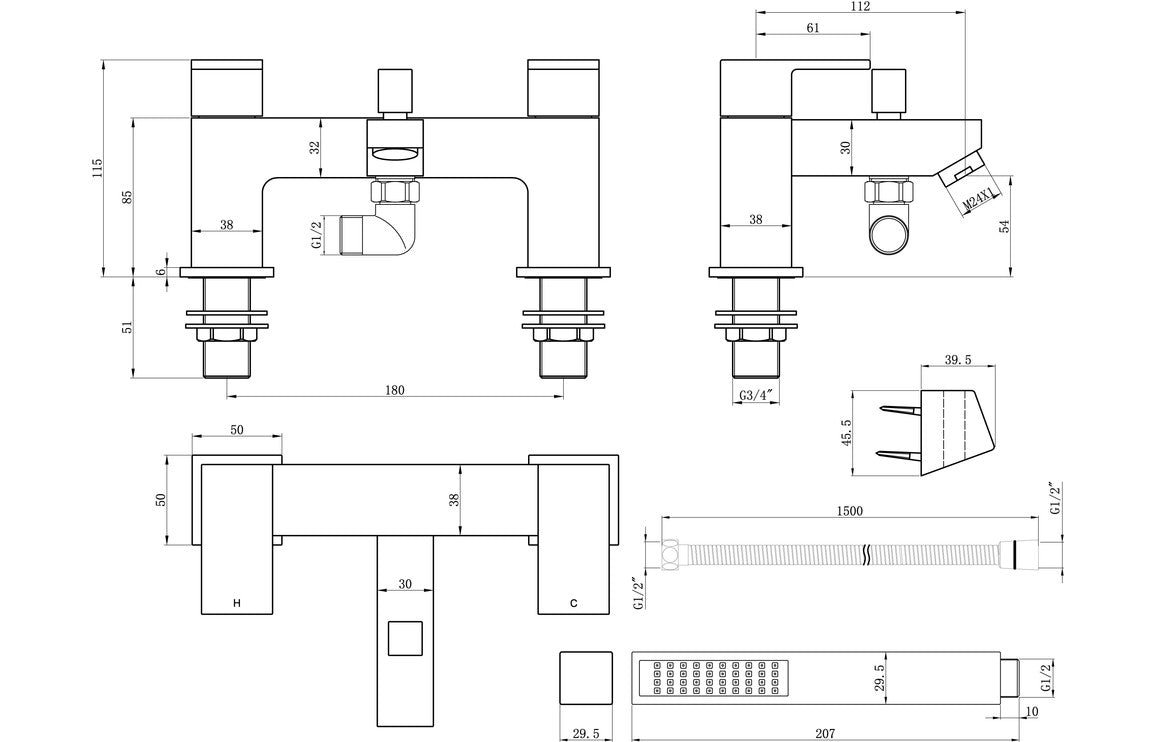 Chrome bath and shower mixer tap technical line drawing with dimensions