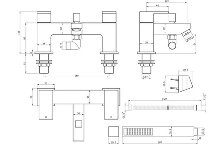 Chrome bath and shower mixer tap technical line drawing with dimensions