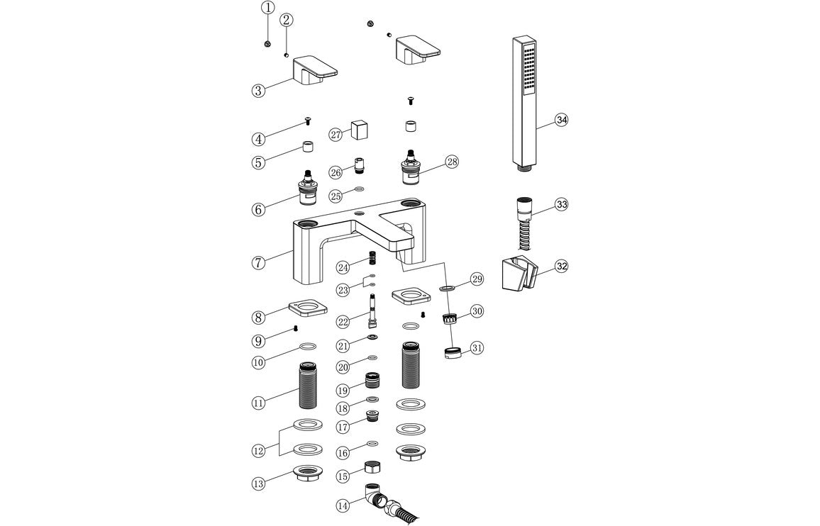 Chrome shower mixer components in an exploded parts diagram