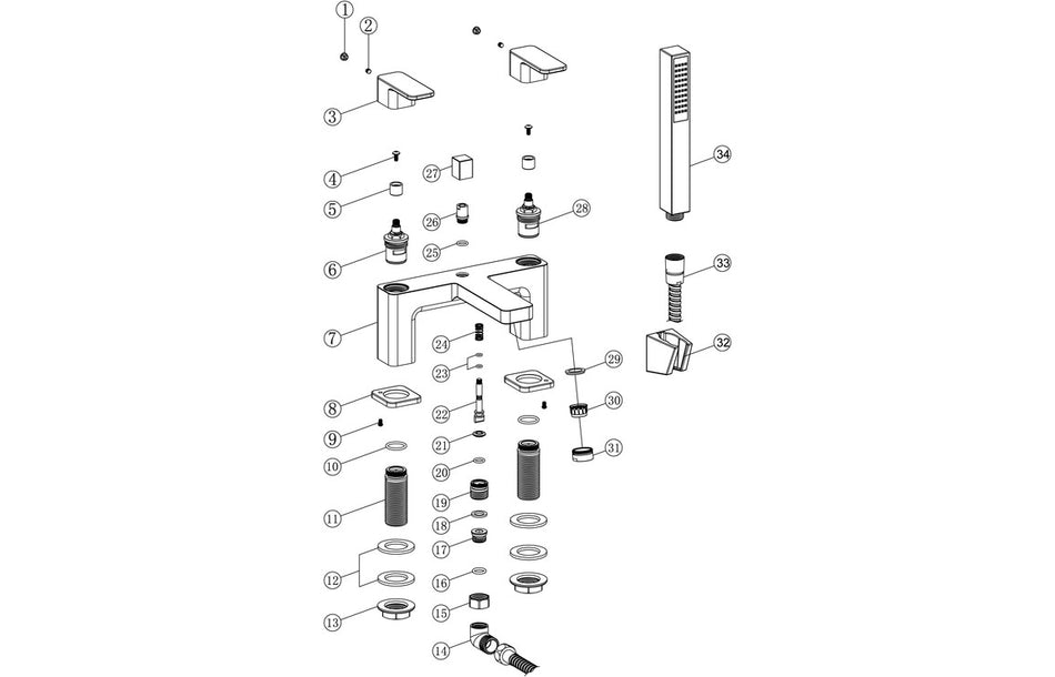 Chrome shower mixer components in an exploded parts diagram