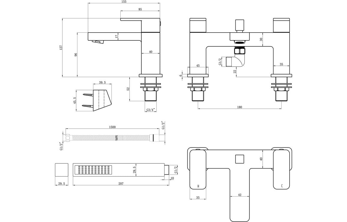 Chrome shower mixer technical line drawing with dimensions