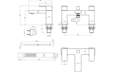Chrome shower mixer technical line drawing with dimensions