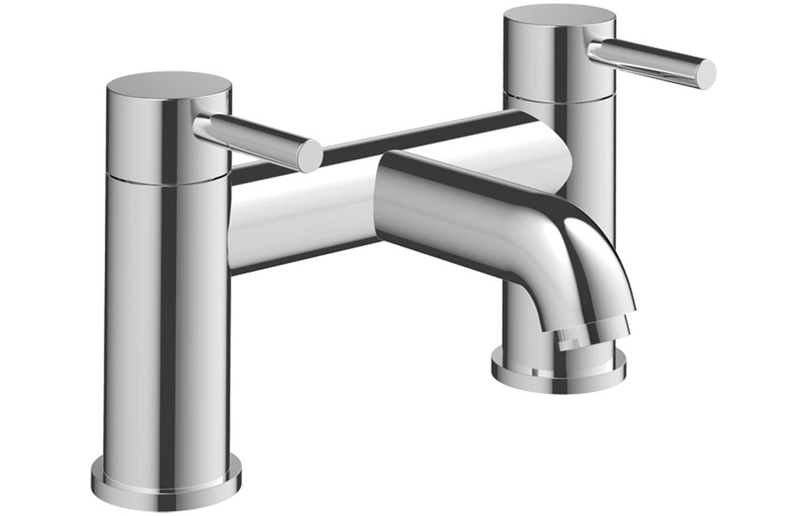 Chrome bath filler faucet with two cylindrical handles and curved spout.