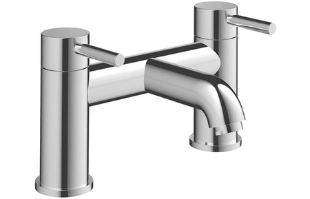Chrome bath filler faucet with two cylindrical handles and curved spout.