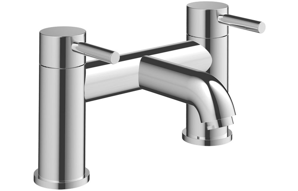 Chrome bath filler faucet with two cylindrical handles and curved spout.
