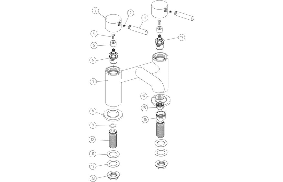 Exploded parts diagram of chrome bath filler faucet with seals and fittings.