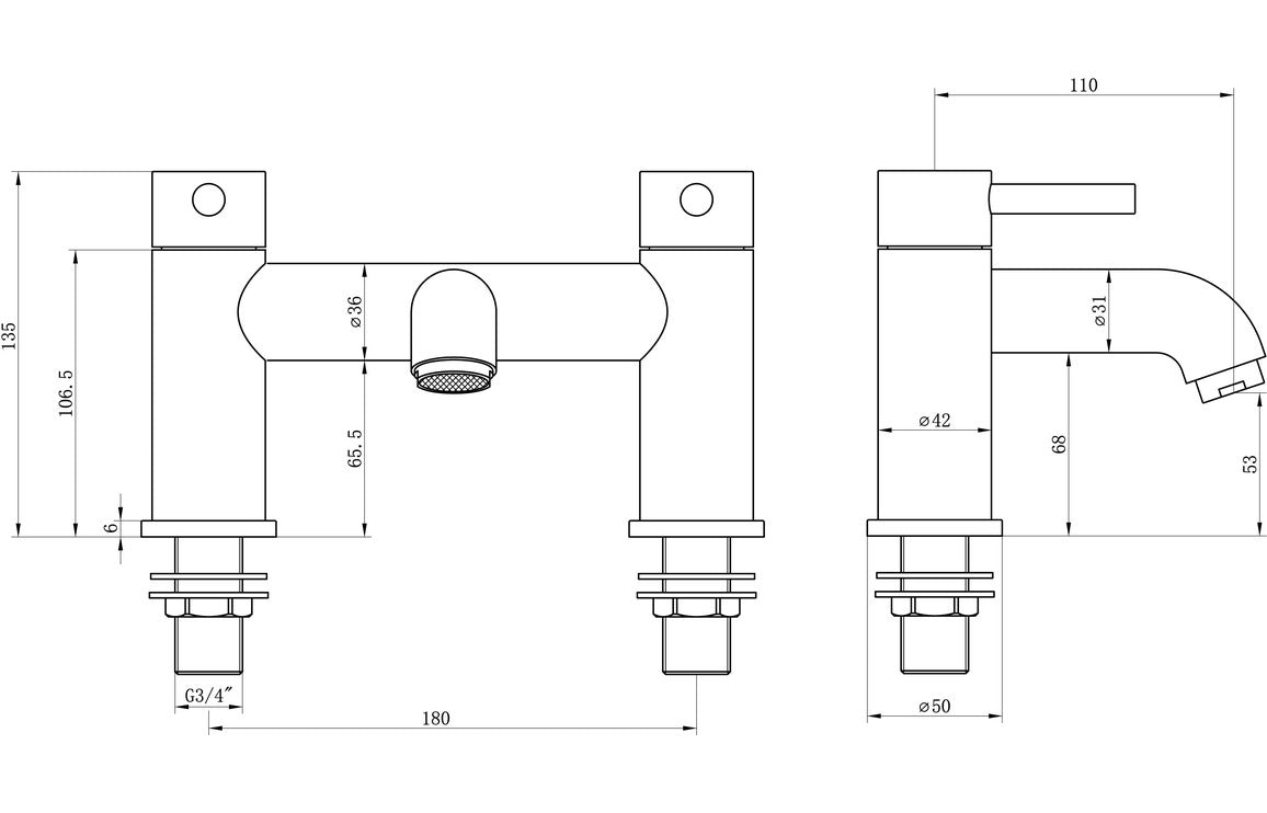 Chrome bath filler faucet technical drawing with side, front, and top dimensions.