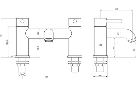 Bath filler technical drawing with dimensions for two-handle faucet