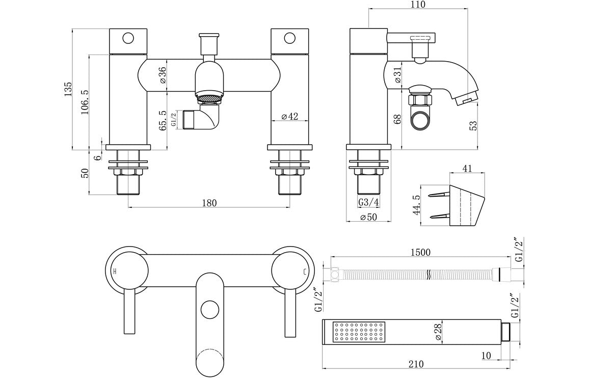 Brushed bronze bath/shower mixer technical line drawing with dimensions