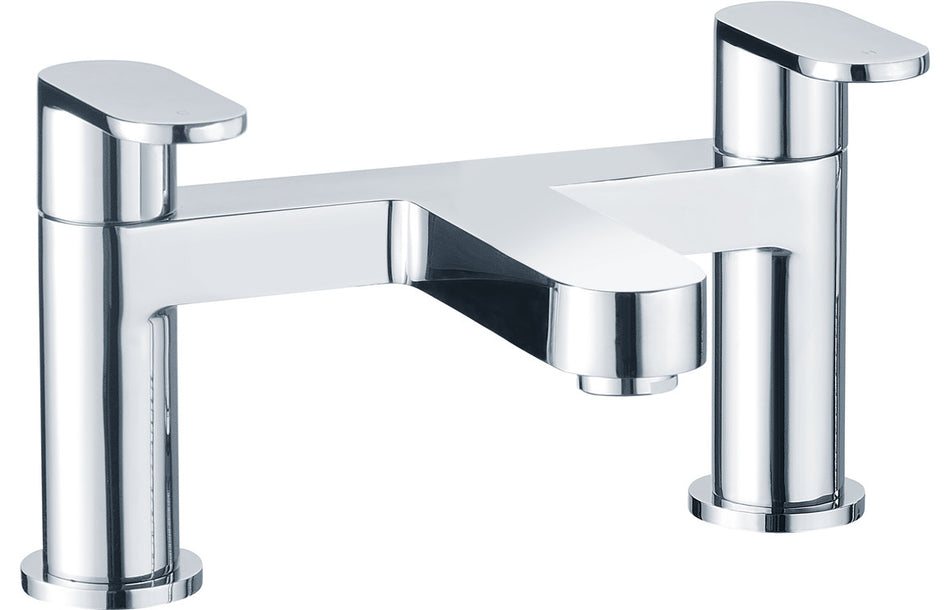 Chrome bath filler tap with two tall cylindrical handles and central spout