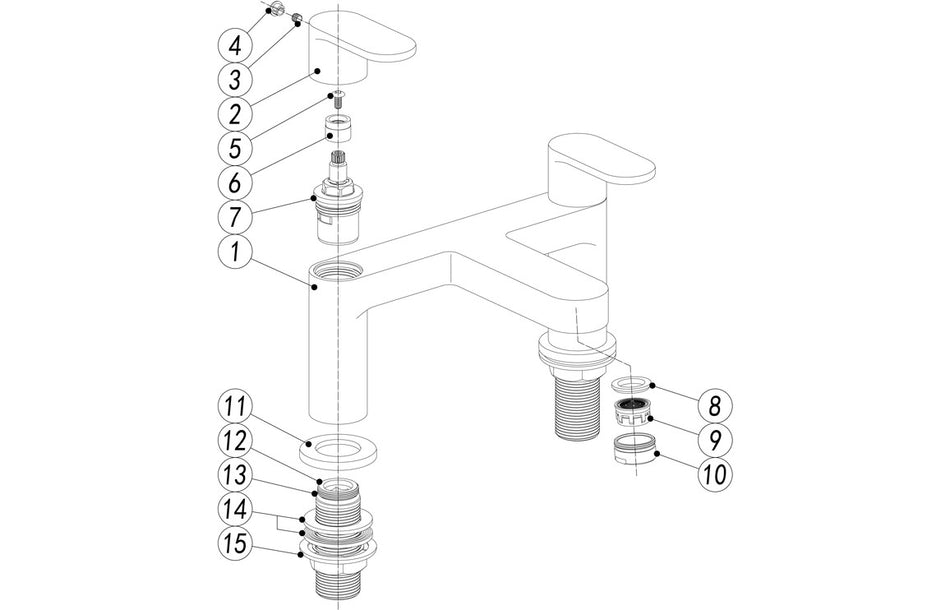 Bath filler faucet parts diagram with numbered components and connecting pipes